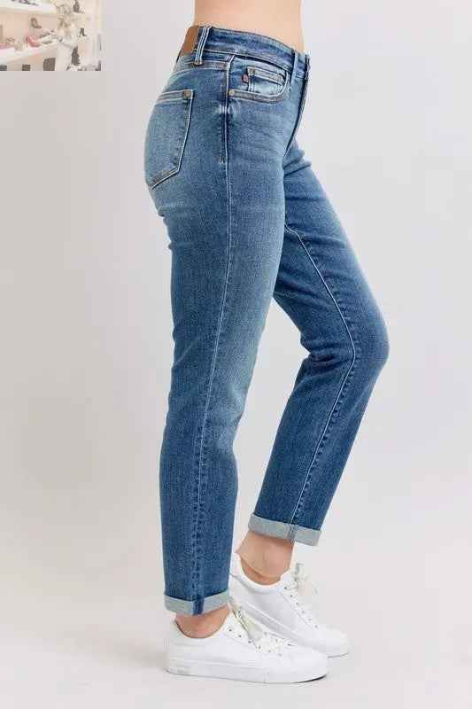 Judy Blue Plus Size Mid Rise Skinny Jeans with Cuffs and Pockets - MegaSuperStar
