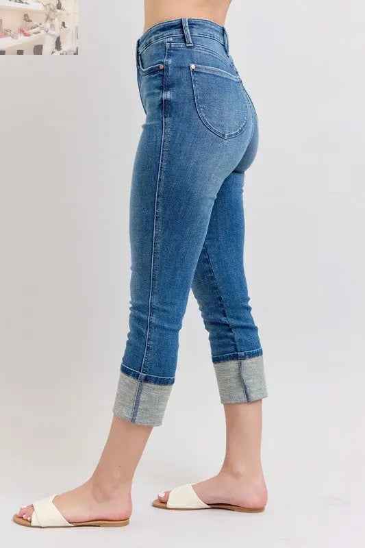 Judy Blue Plus Size Skinny Cuff Capris Jeans with Pockets - MegaSuperStar