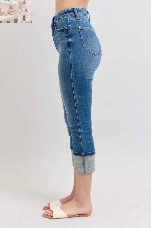 Judy Blue Plus Size Skinny Cuff Capris Jeans with Pockets - MegaSuperStar