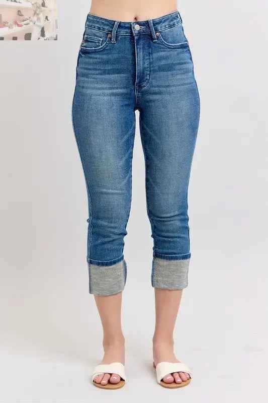 Judy Blue Plus Size Skinny Cuff Capris Jeans with Pockets - MegaSuperStar