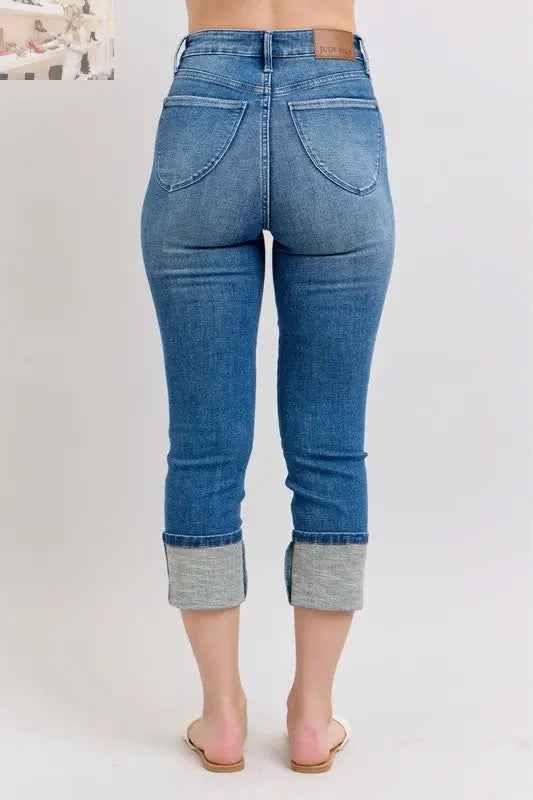 Judy Blue Plus Size Skinny Cuff Capris Jeans with Pockets - MegaSuperStar