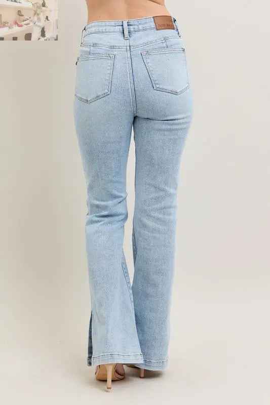 Judy Blue Plus Size Tummy Control Jeans with Vintage Wash and Side Slit Slim Boot Cut - MegaSuperStar