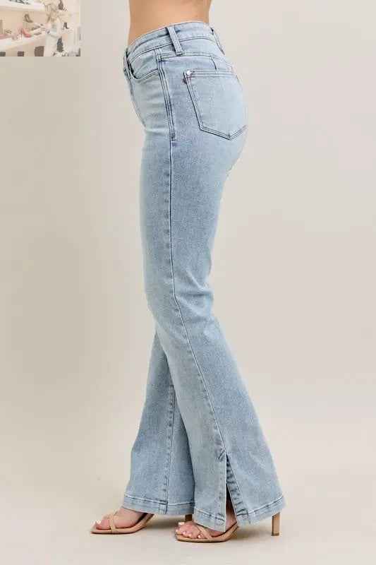 Judy Blue Plus Size Tummy Control Jeans with Vintage Wash and Side Slit Slim Boot Cut - MegaSuperStar