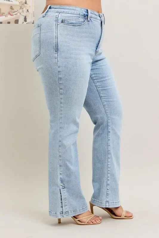 Judy Blue Plus Size Tummy Control Jeans with Vintage Wash and Side Slit Slim Boot Cut - MegaSuperStar