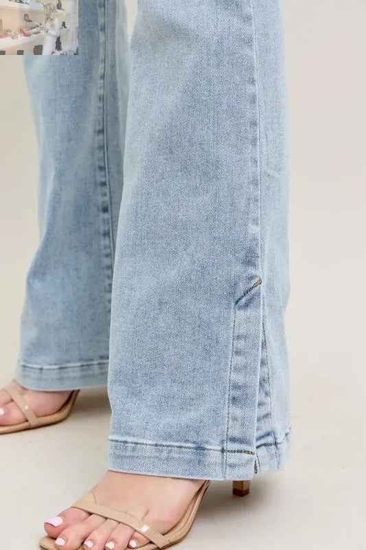Judy Blue Plus Size Tummy Control Jeans with Vintage Wash and Side Slit Slim Boot Cut - MegaSuperStar