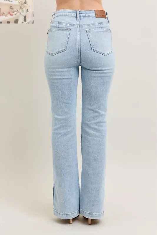 Judy Blue Plus Size Tummy Control Jeans with Vintage Wash and Side Slit Slim Boot Cut - MegaSuperStar