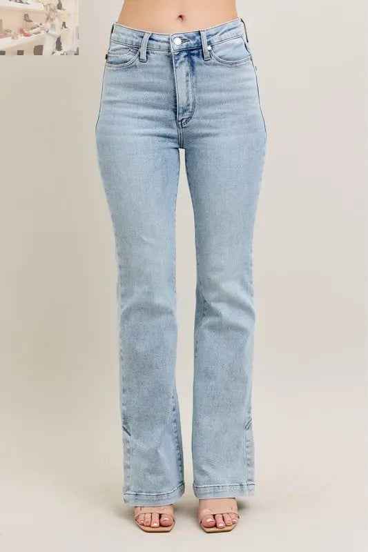 Judy Blue Plus Size Tummy Control Jeans with Vintage Wash and Side Slit Slim Boot Cut - MegaSuperStar