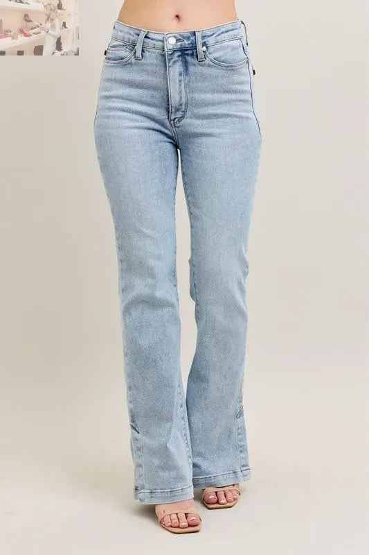 Judy Blue Plus Size Tummy Control Jeans with Vintage Wash and Side Slit Slim Boot Cut - MegaSuperStar