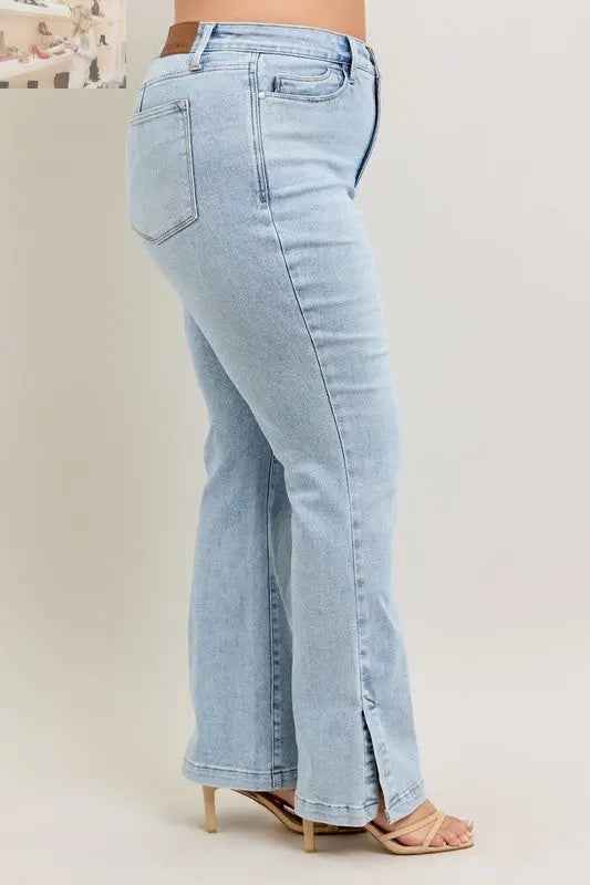 Judy Blue Plus Size Tummy Control Jeans with Vintage Wash and Side Slit Slim Boot Cut - MegaSuperStar