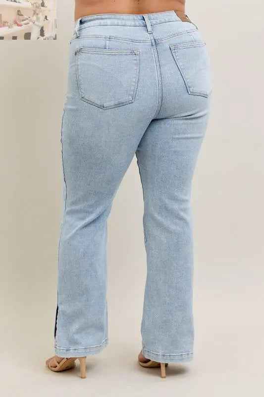 Judy Blue Plus Size Tummy Control Jeans with Vintage Wash and Side Slit Slim Boot Cut - MegaSuperStar