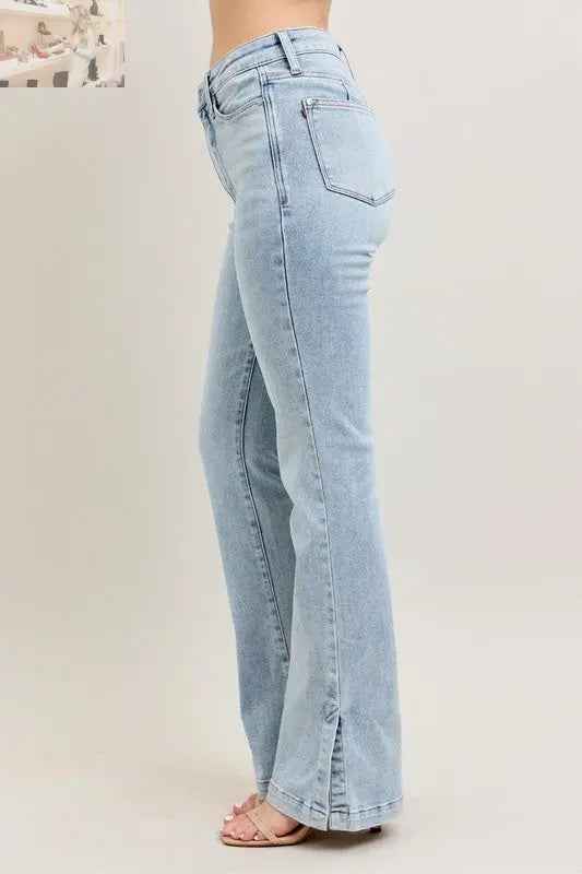 Judy Blue Plus Size Tummy Control Jeans with Vintage Wash and Side Slit Slim Boot Cut - MegaSuperStar