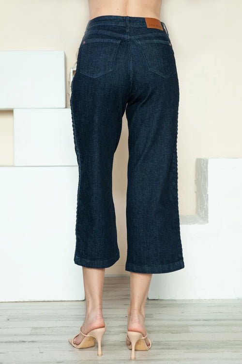 Customer styling Judy Blue Wide Leg Jeans with Side Seam Braid Detail – Full Size Crop Style