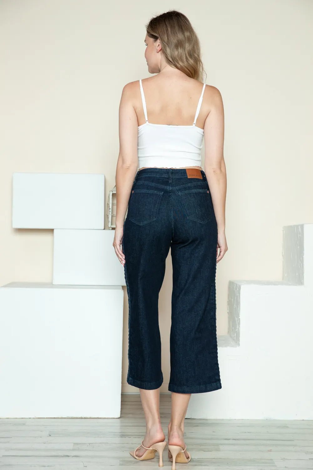 Judy Blue Wide Leg Jeans with Side Seam Braid Detail – Full Size Crop Style - MegaSuperStar