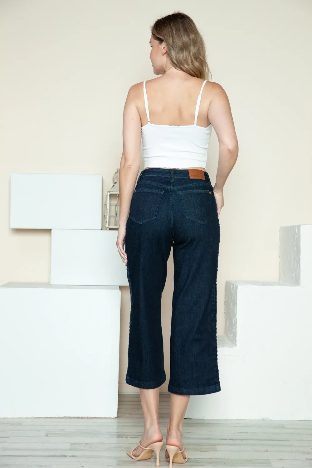 Judy Blue Wide Leg Jeans with Side Seam Braid Detail – Full Size Crop Style - MegaSuperStar