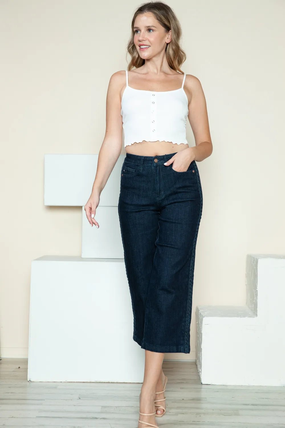 Judy Blue Wide Leg Jeans with Side Seam Braid Detail – Full Size Crop Style - MegaSuperStar
