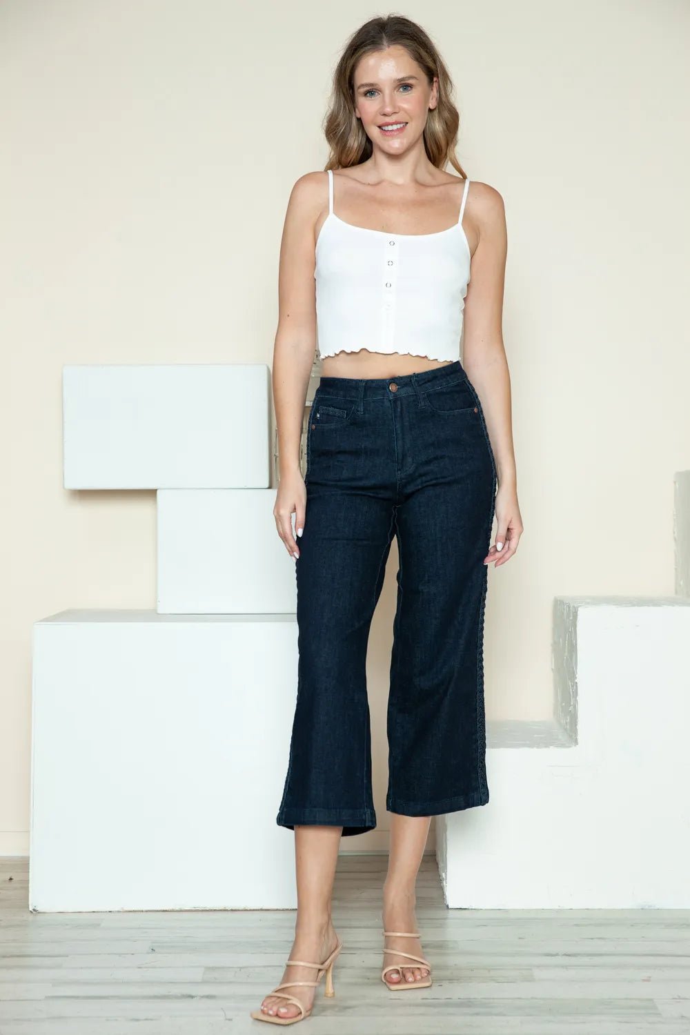 Judy Blue Wide Leg Jeans with Side Seam Braid Detail – Full Size Crop Style - MegaSuperStar