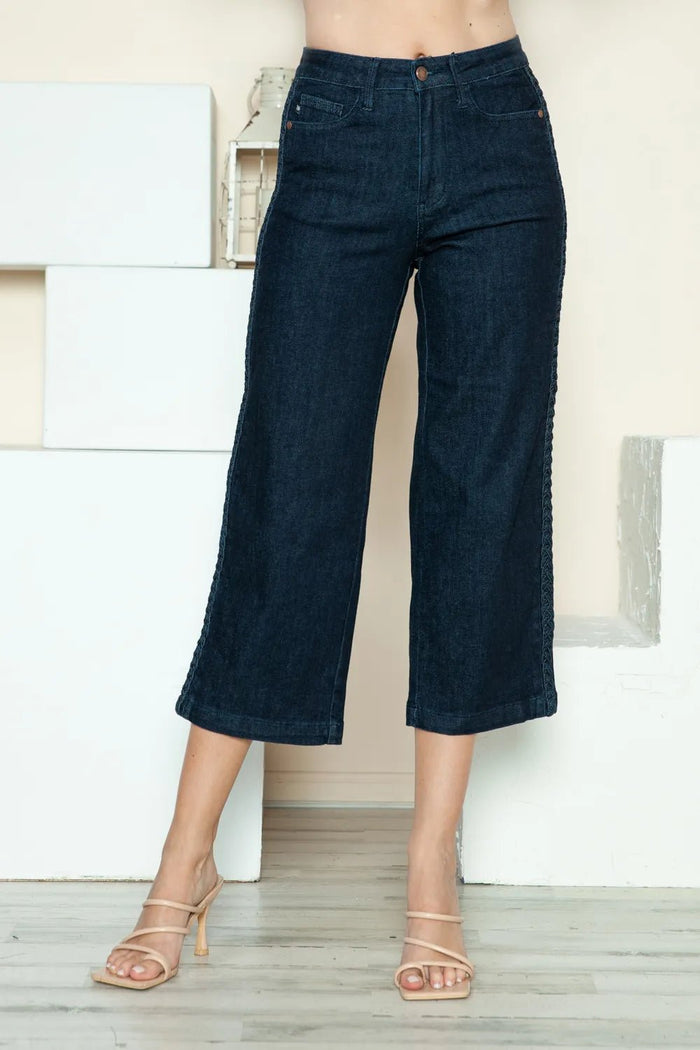 Judy Blue Wide Leg Jeans with Side Seam Braid Detail – Full Size Crop Style