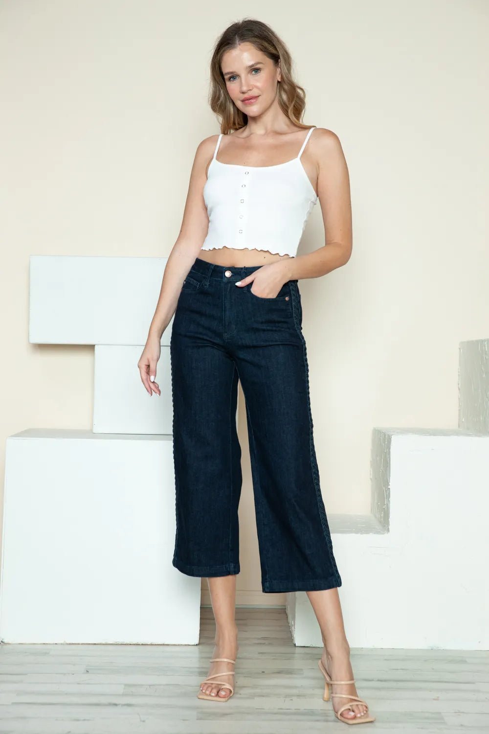 Judy Blue Wide Leg Jeans with Side Seam Braid Detail – Full Size Crop Style - MegaSuperStar