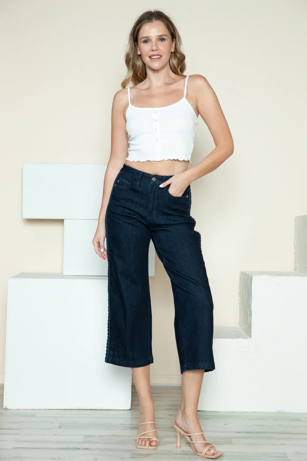 Judy Blue Wide Leg Jeans with Side Seam Braid Detail – Full Size Crop Style - MegaSuperStar