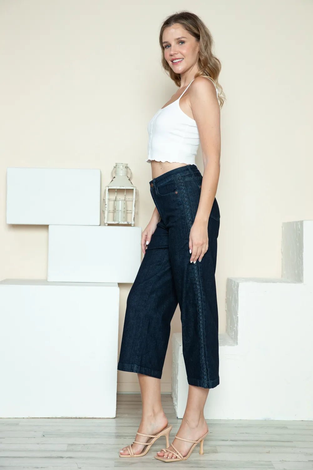 Judy Blue Wide Leg Jeans with Side Seam Braid Detail – Full Size Crop Style - MegaSuperStar