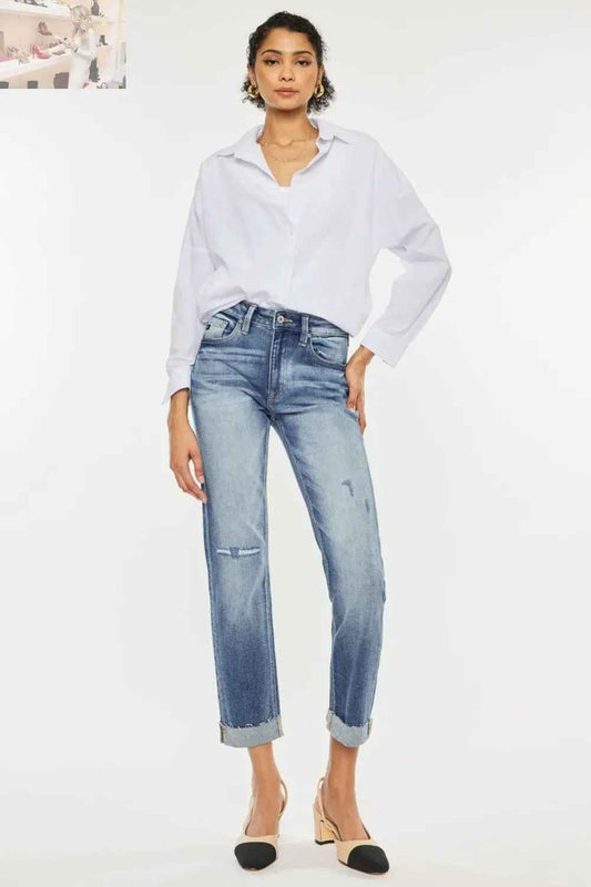 Kancan High Rise Straight Jeans - Cuffed Style for a Trendy Look - MegaSuperStar