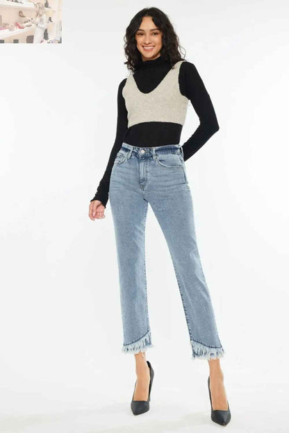 Kancan High Rise Straight Jeans with Raw Hem for Trendy Style - MegaSuperStar