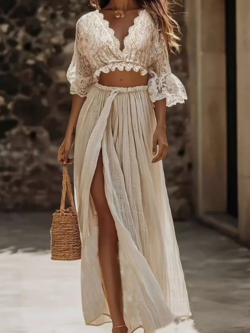 ✨ Lace Crop Top Slit Maxi Skirt Set for Effortless Style and Elegance 🌸