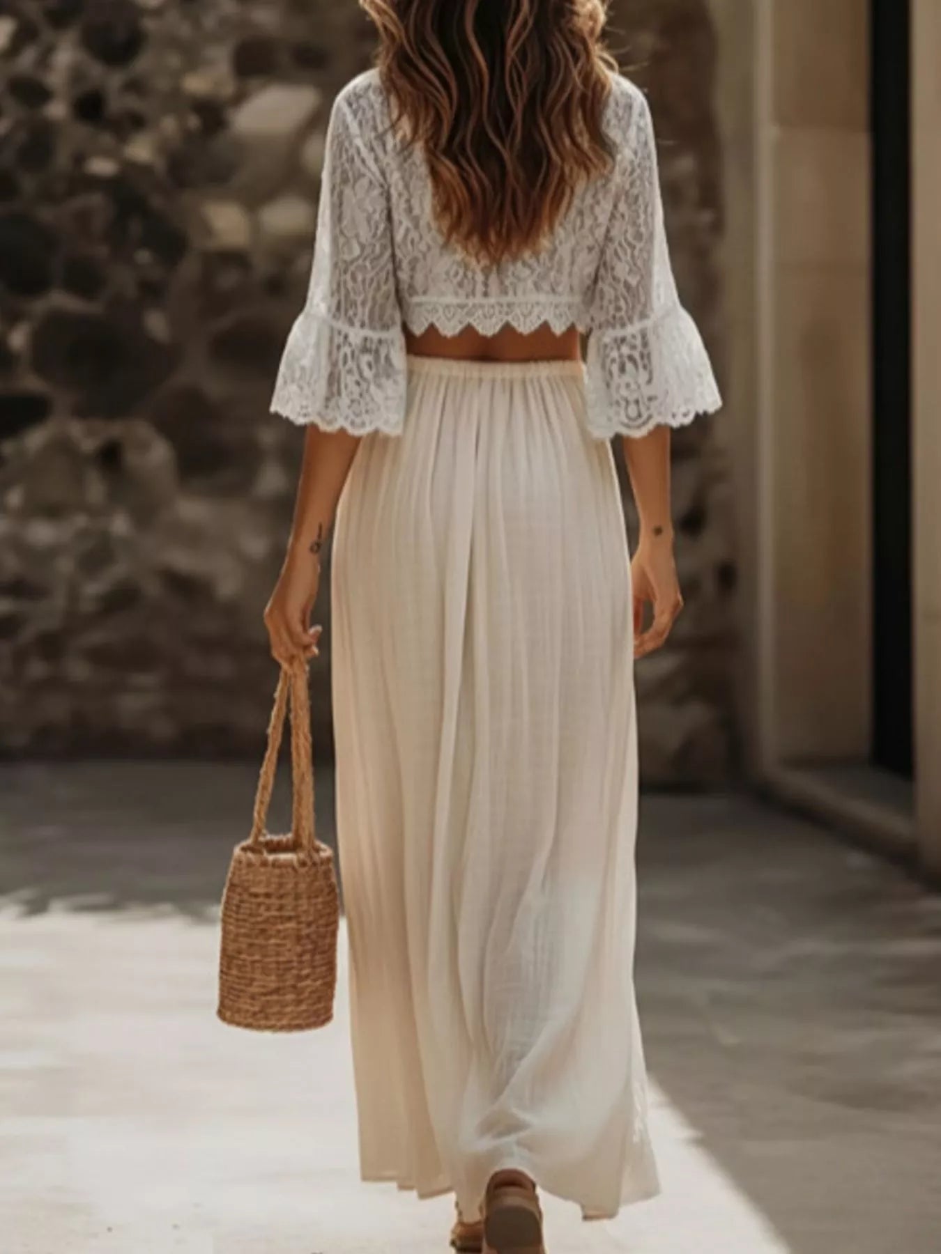 ✨ Lace Crop Top Slit Maxi Skirt Set for Effortless Style and Elegance 🌸 - MegaSuperStar