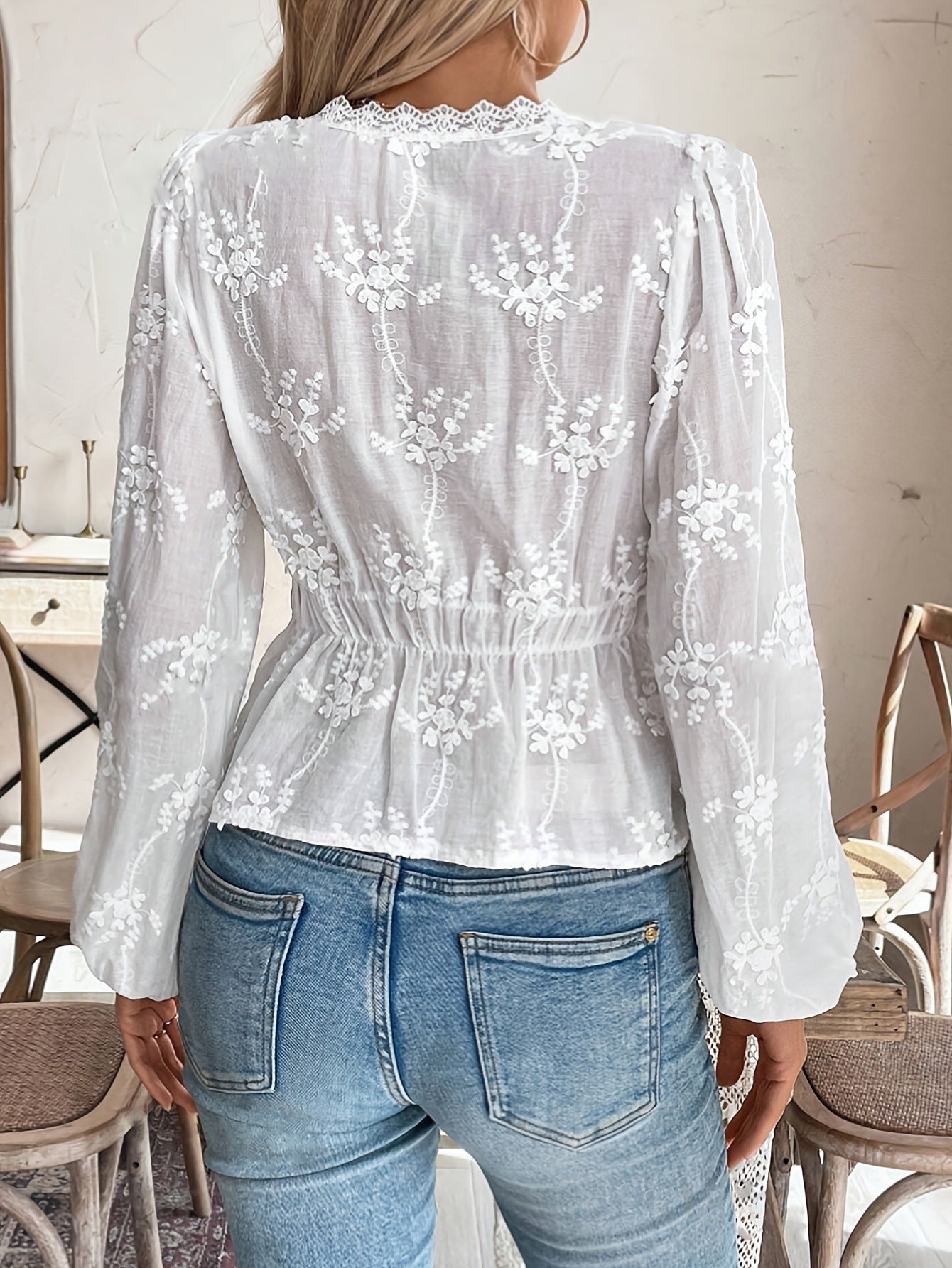 Lace Detail Balloon Sleeve Shirt - MegaSuperStar
