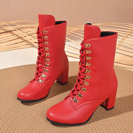 Lace - Up Boots with Block Heel - MegaSuperStar
