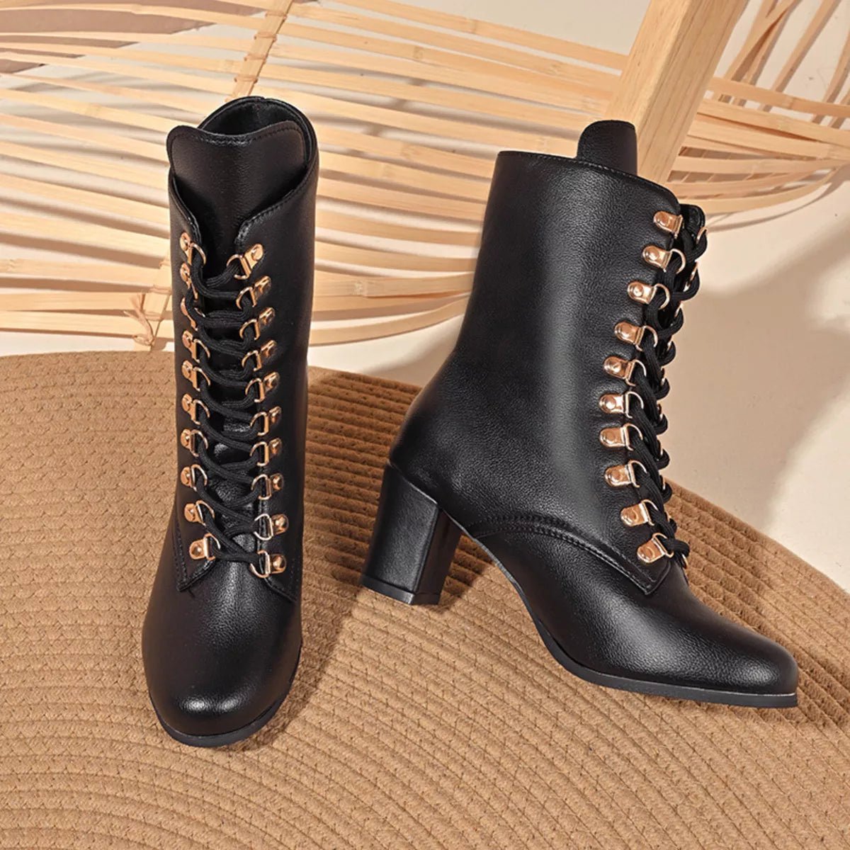 Lace - Up Boots with Block Heel - MegaSuperStar