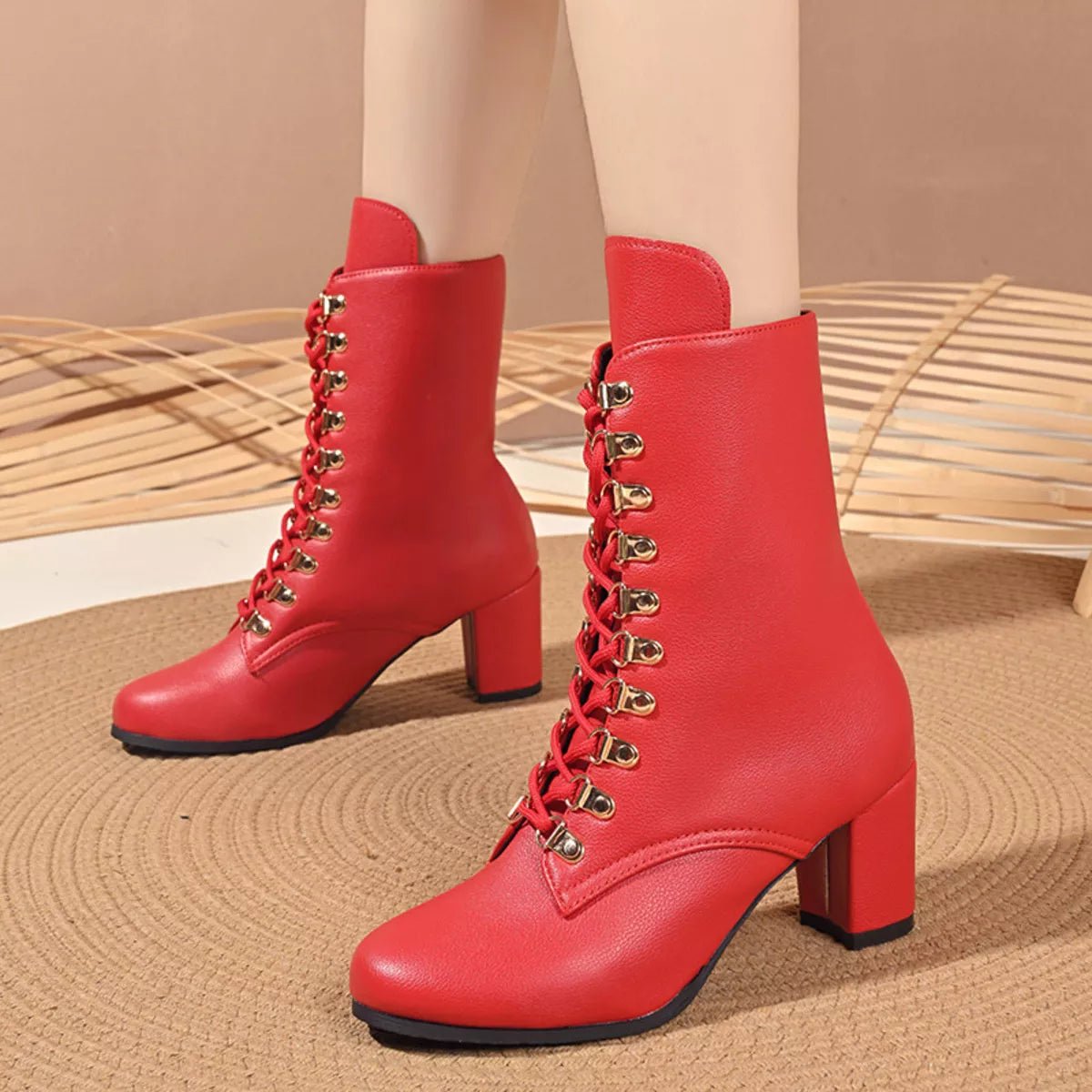 Lace - Up Boots with Block Heel - MegaSuperStar
