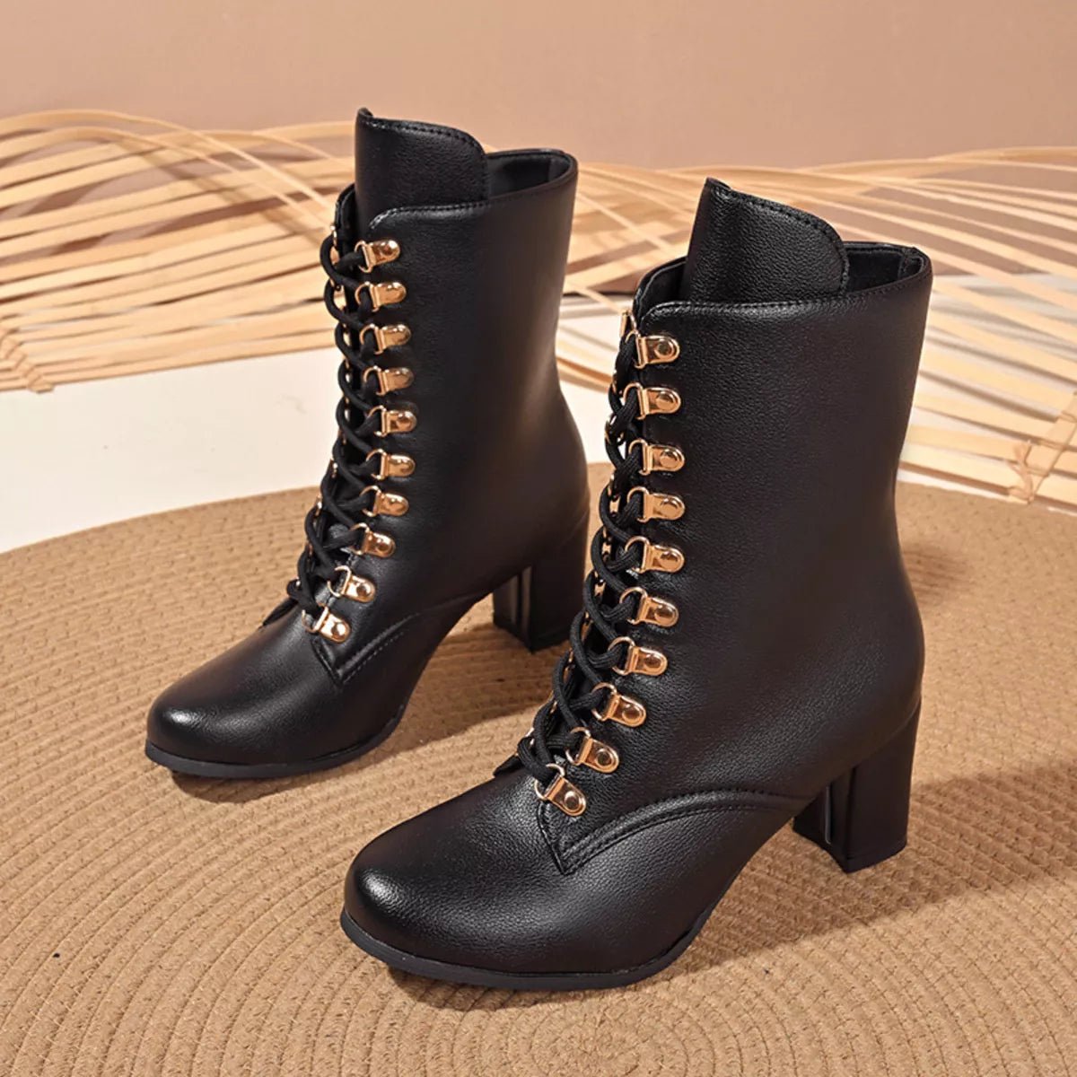 Lace - Up Boots with Block Heel - MegaSuperStar