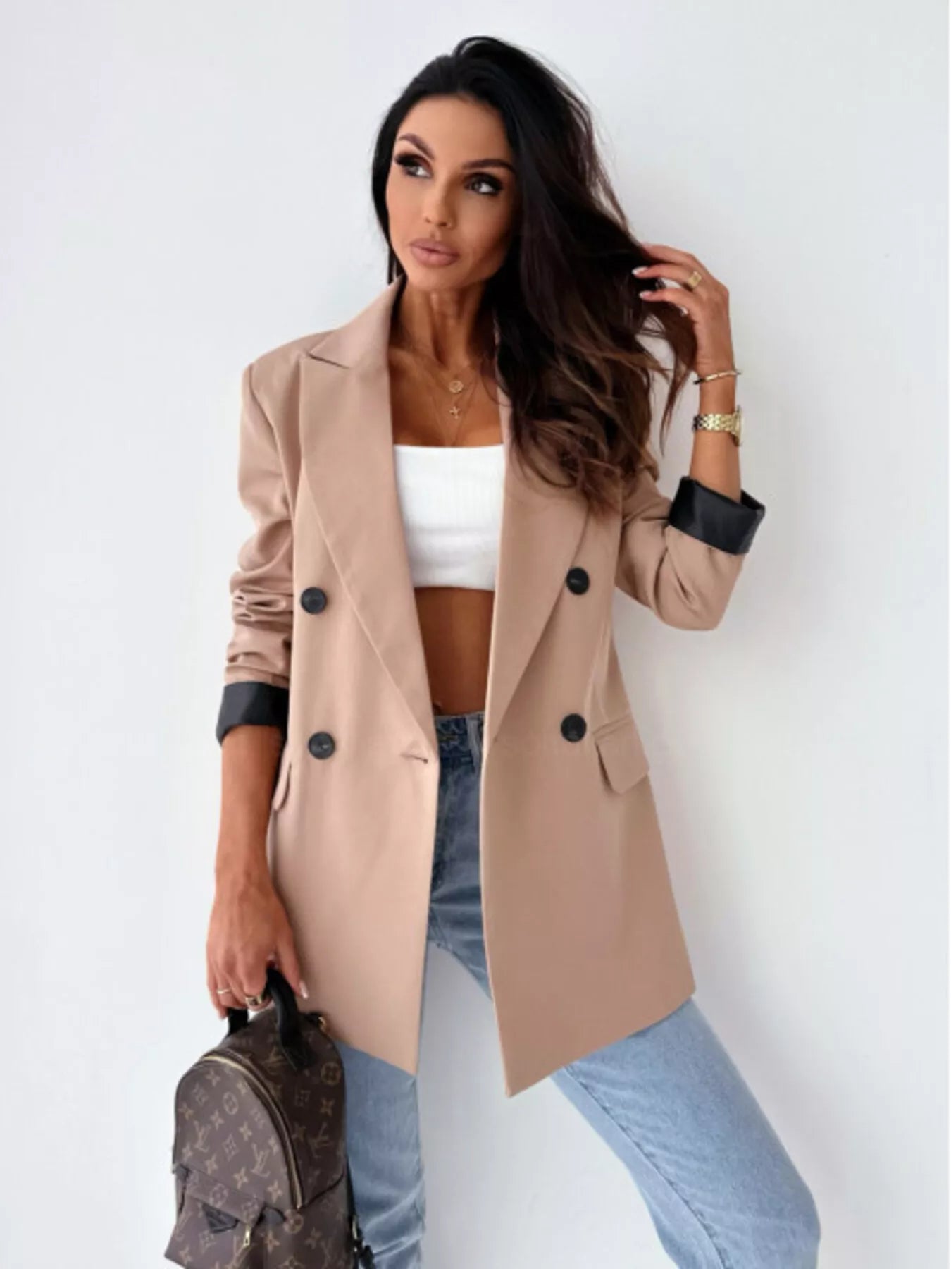 Lapel Collar Long Sleeve Blazer - MegaSuperStar