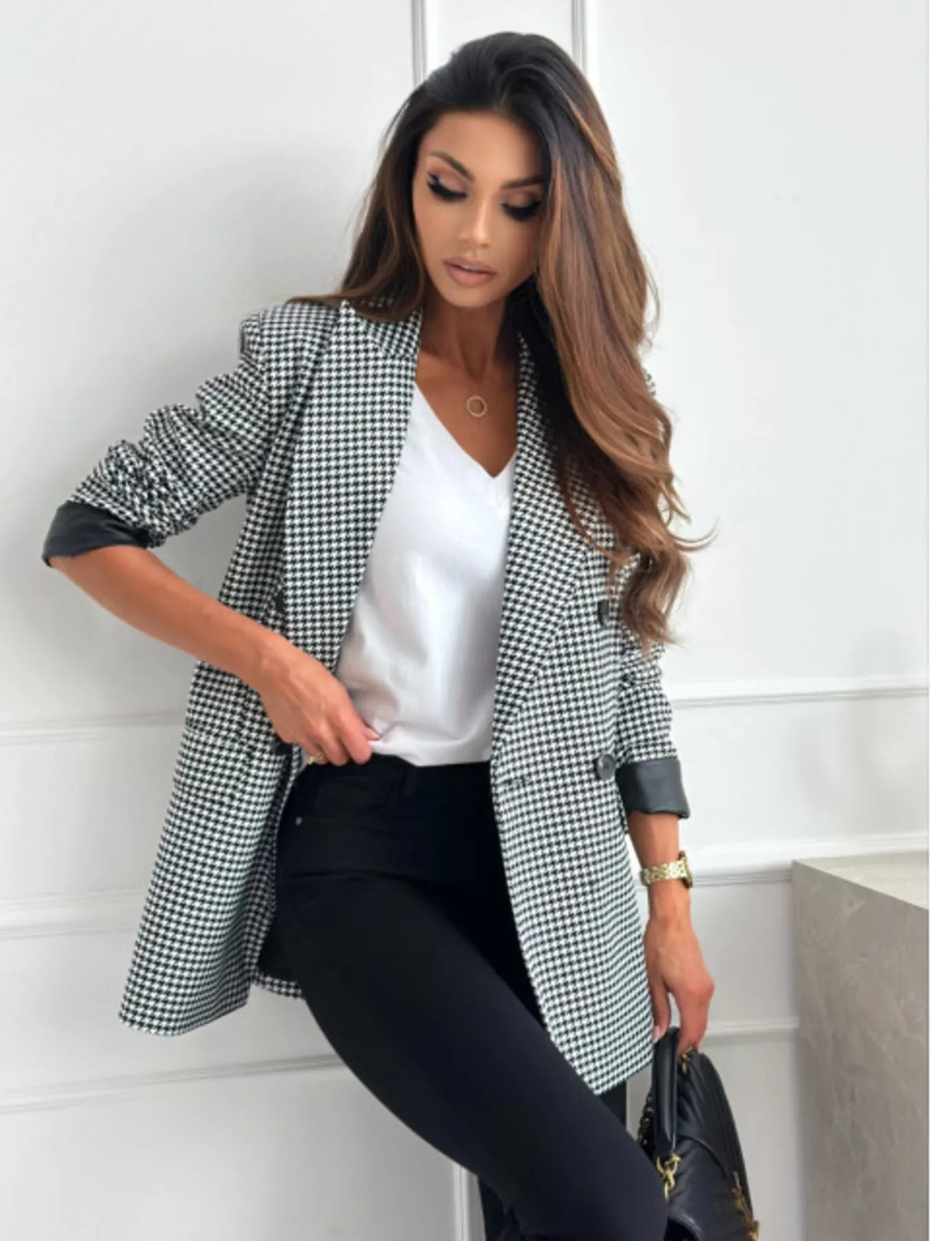 Lapel Collar Long Sleeve Blazer - MegaSuperStar