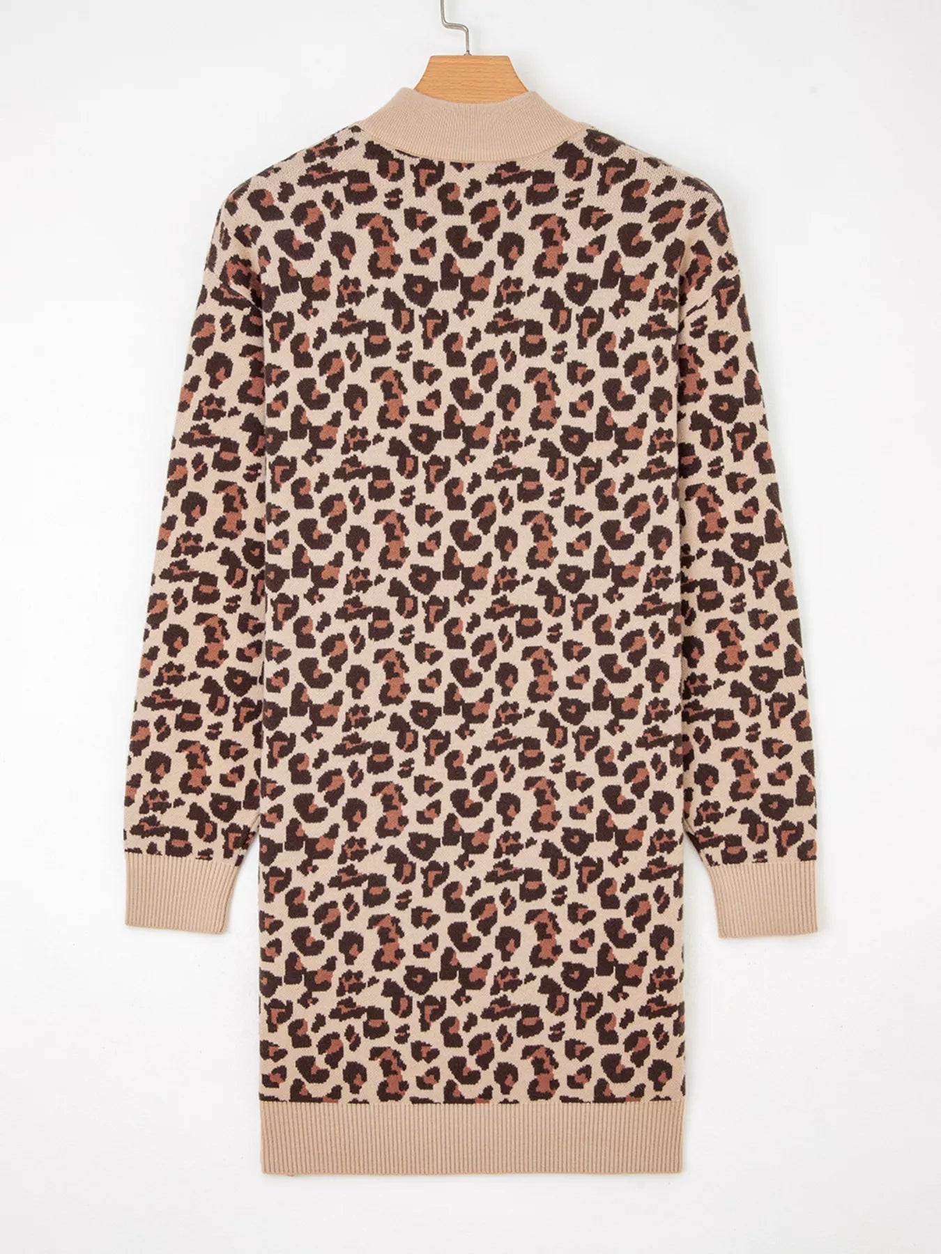 Leopard Print High Neck Shift Mini Sweater Dress - MegaSuperStar