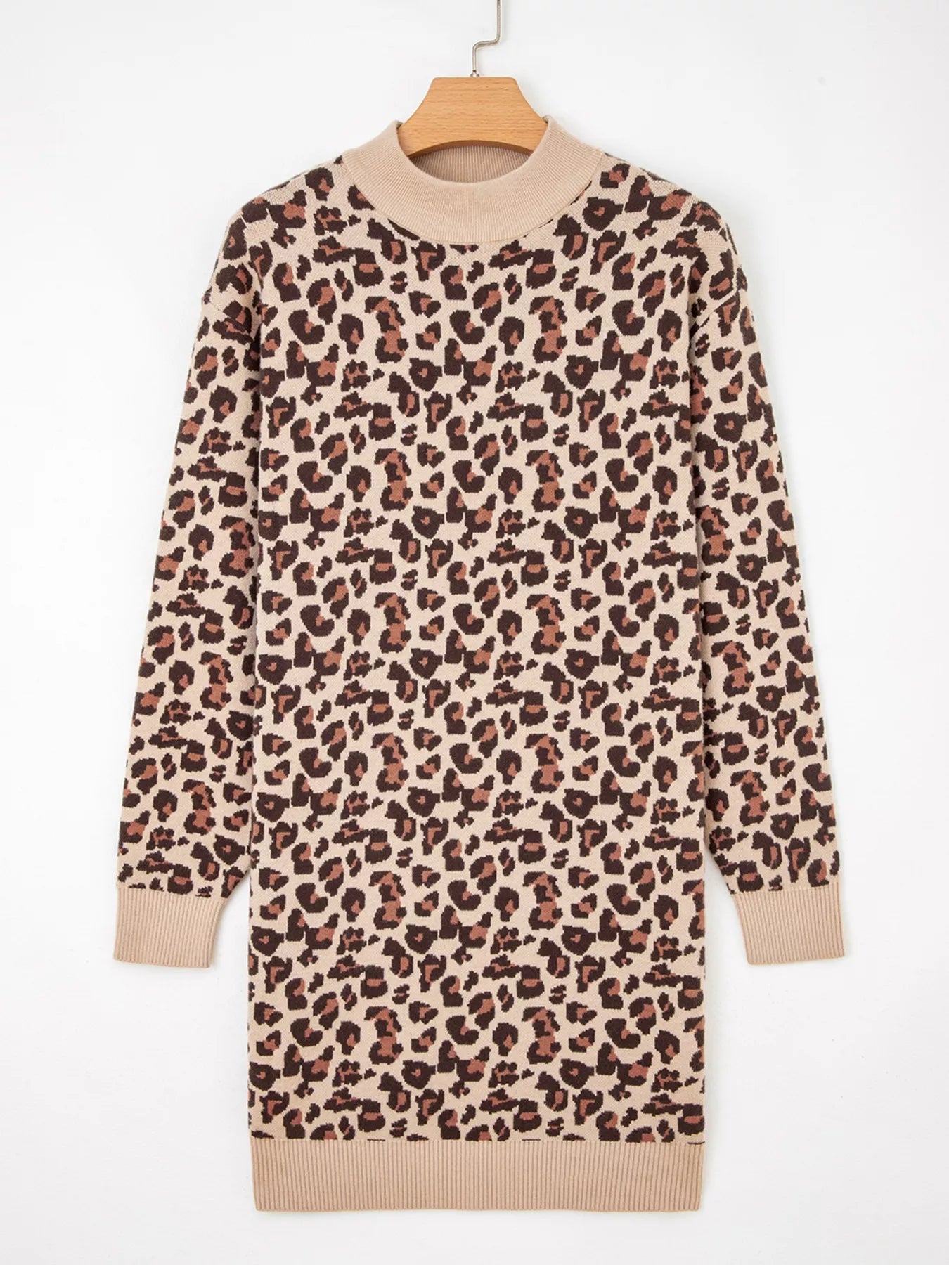 Leopard Print High Neck Shift Mini Sweater Dress - MegaSuperStar