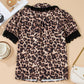 Leopard Print Lace Trim Short Sleeve Shirt - MegaSuperStar