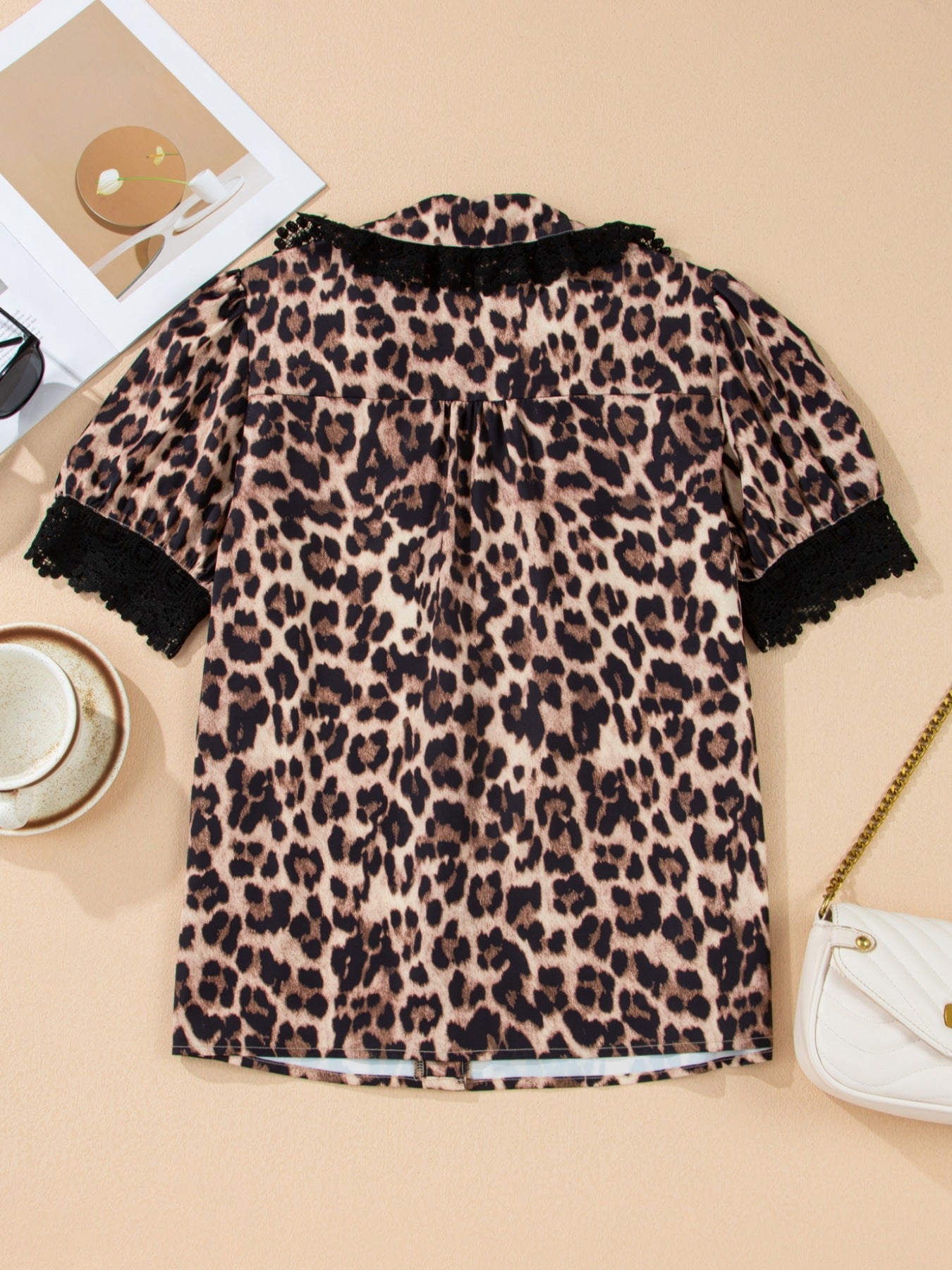 Leopard Print Lace Trim Short Sleeve Shirt - MegaSuperStar