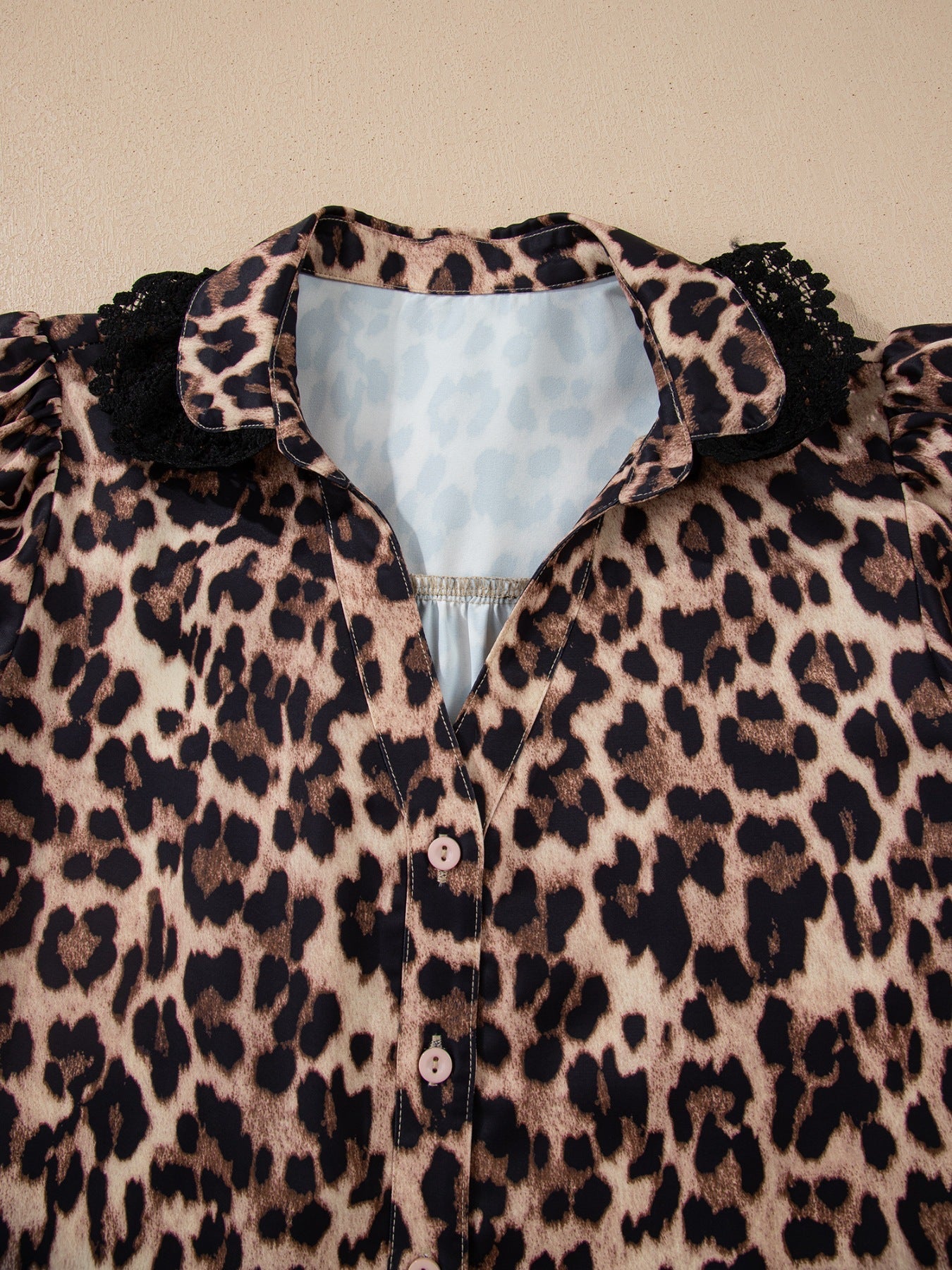 Leopard Print Lace Trim Short Sleeve Shirt - MegaSuperStar