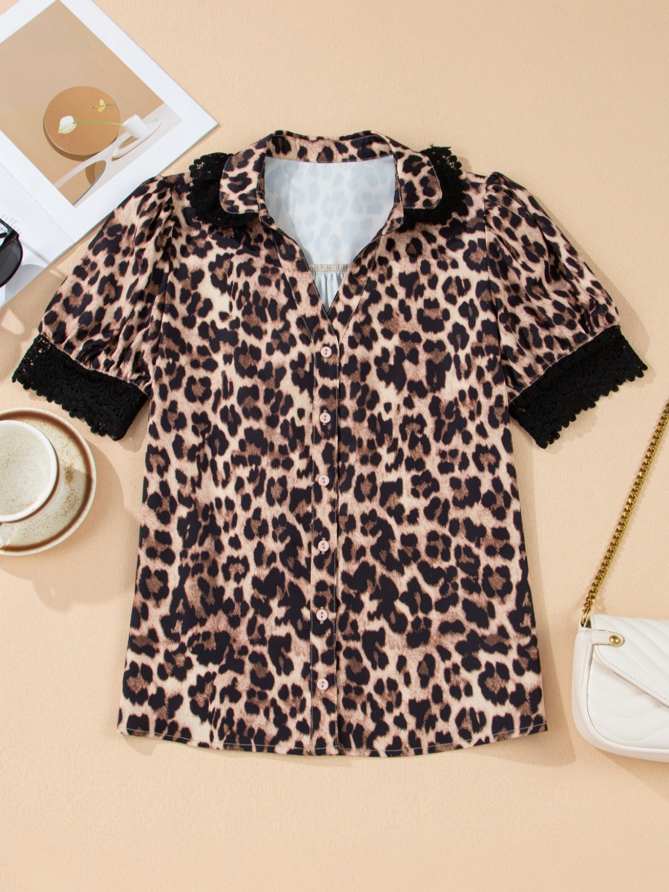Leopard Print Lace Trim Short Sleeve Shirt - MegaSuperStar