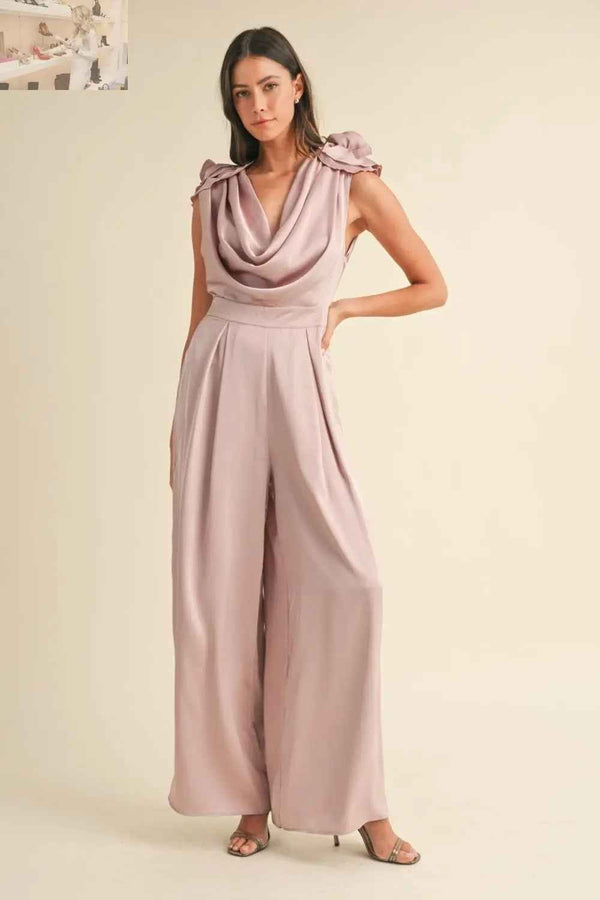MABLE 3D Floral Applique Jumpsuit with Deep Cowl Neck