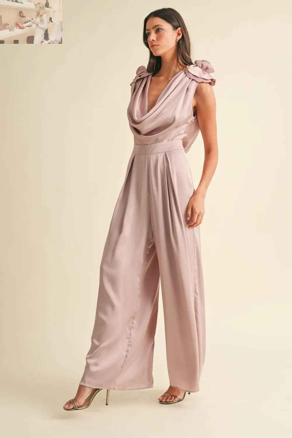 MABLE 3D Floral Applique Jumpsuit with Deep Cowl Neck - MegaSuperStar