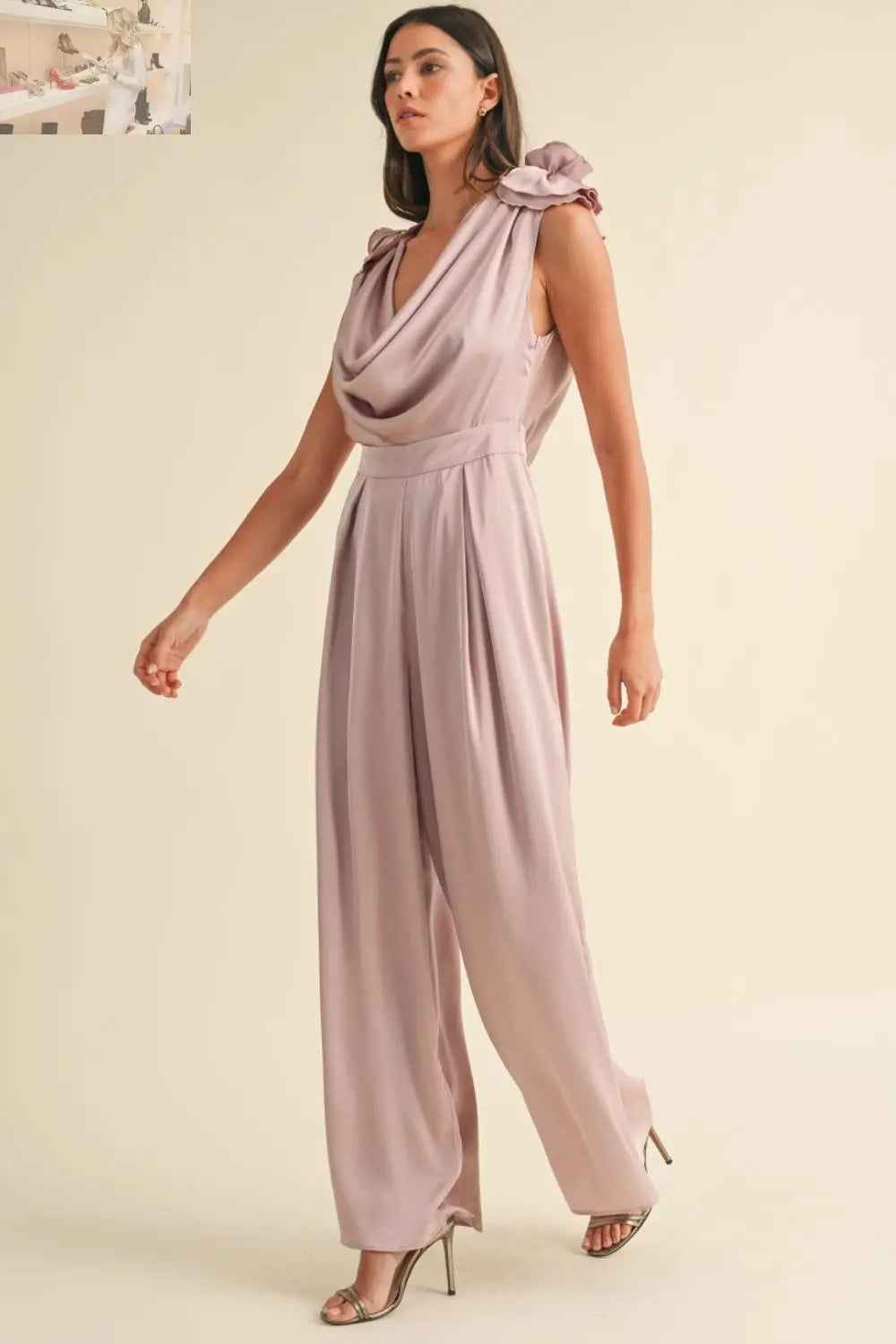 MABLE 3D Floral Applique Jumpsuit with Deep Cowl Neck - MegaSuperStar