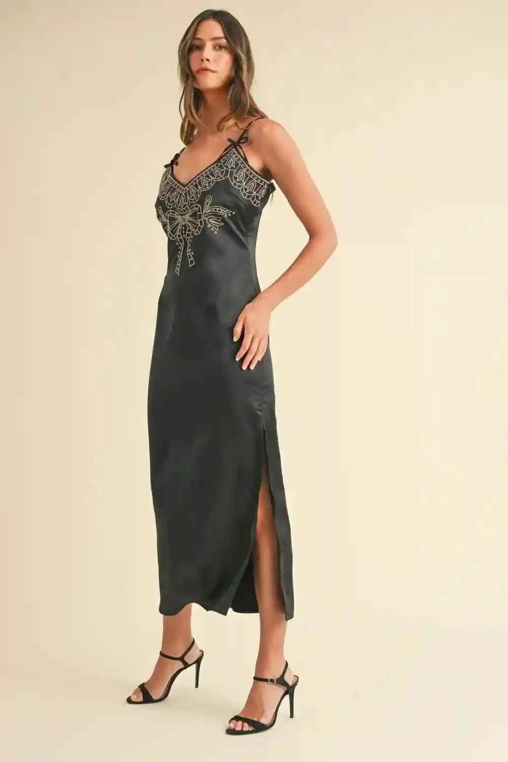 Mable Embroidered Satin Midi Dress with Slit - MegaSuperStar