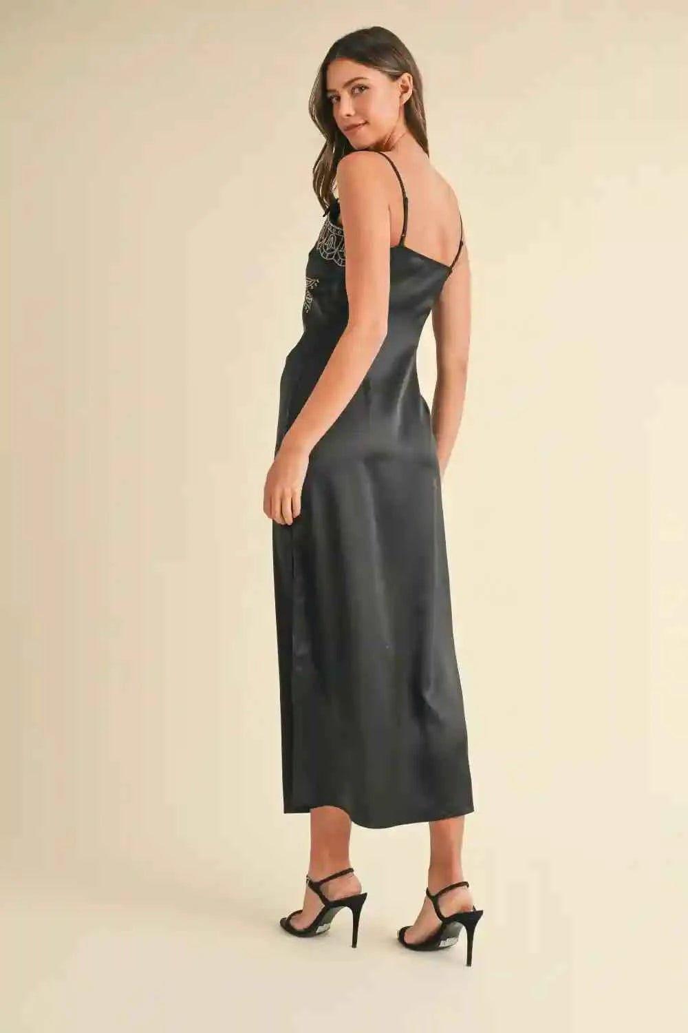 Mable Embroidered Satin Midi Dress with Slit - MegaSuperStar
