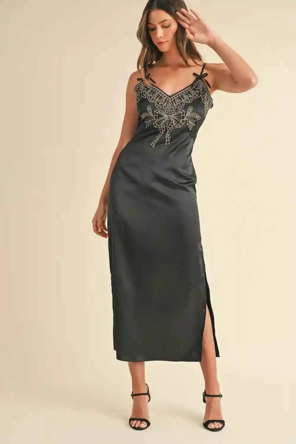 Mable Embroidered Satin Midi Dress with Slit - MegaSuperStar