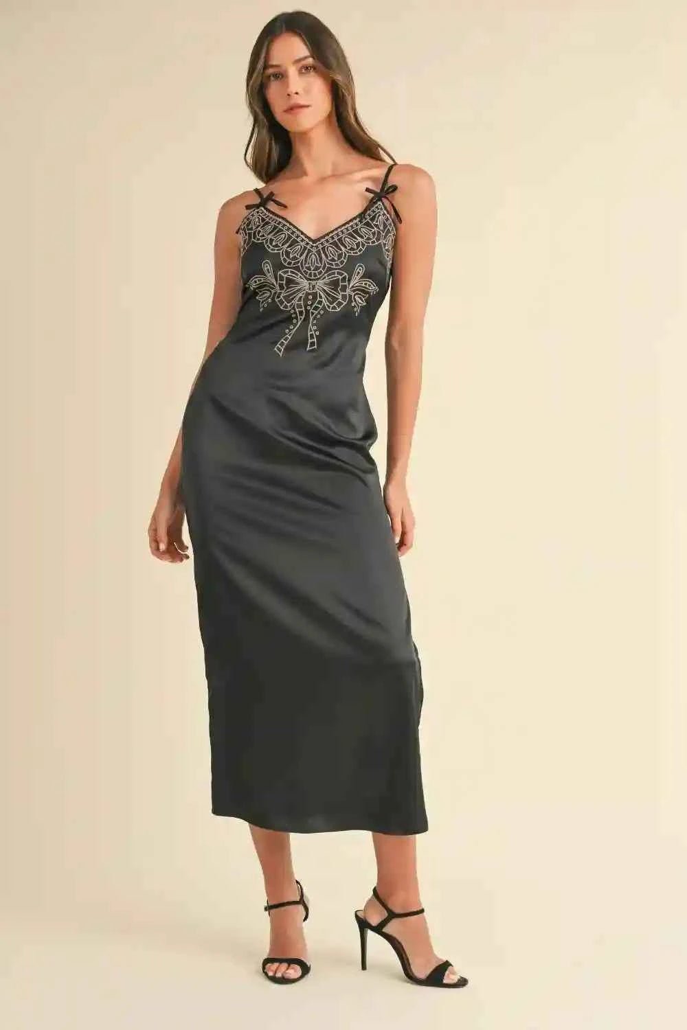 Mable Embroidered Satin Midi Dress with Slit - MegaSuperStar
