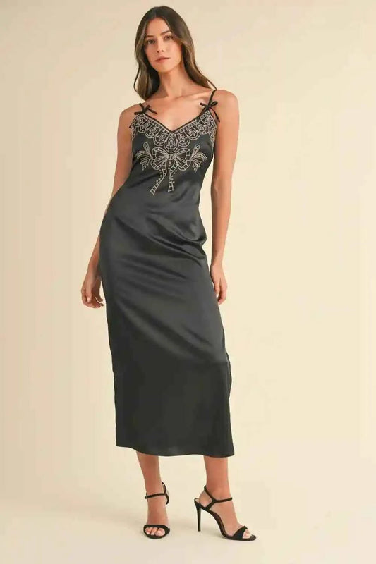 Mable Embroidered Satin Midi Dress with Slit - MegaSuperStar