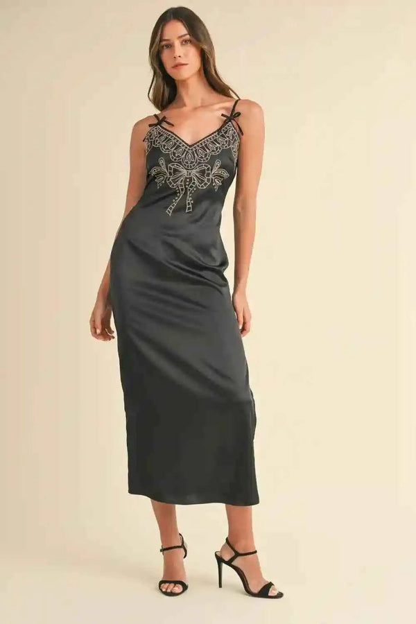 Mable Embroidered Satin Midi Dress with Slit